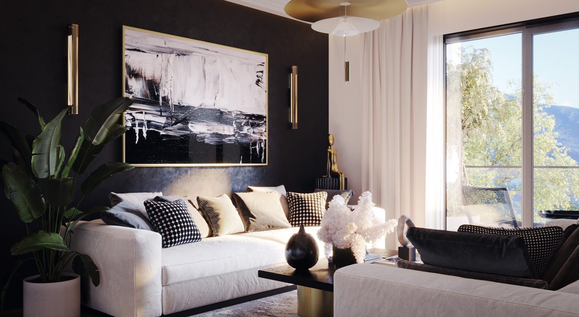 Design du salon dans le ЖК Люта, Monténégro : canapé clair, mur d’accent noir, décoration et vue panoramique sur les montagnes.