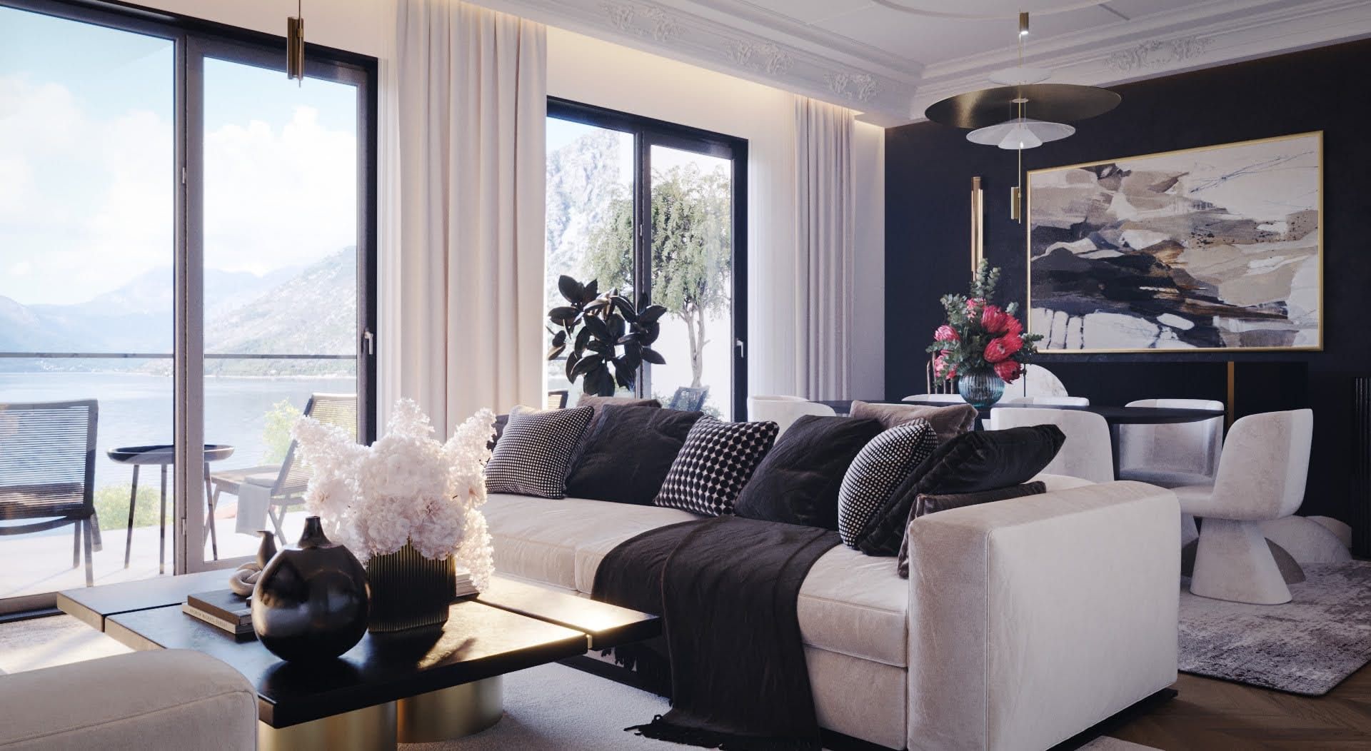 Design du salon dans le ЖК Люта, Monténégro : canapé clair, baies vitrées panoramiques avec vue sur la mer et les montagnes, intérieur élégant.