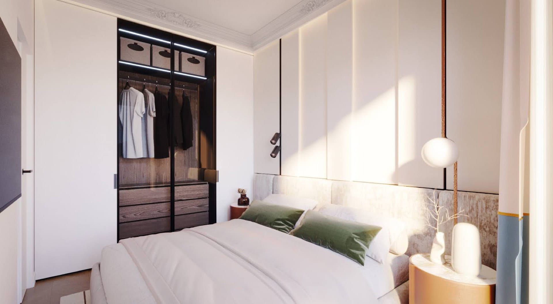 Chambre moderne avec dressing dans le complexe résidentiel Lyuta, Monténégro : intérieur lumineux, lit double et décoration élégante.