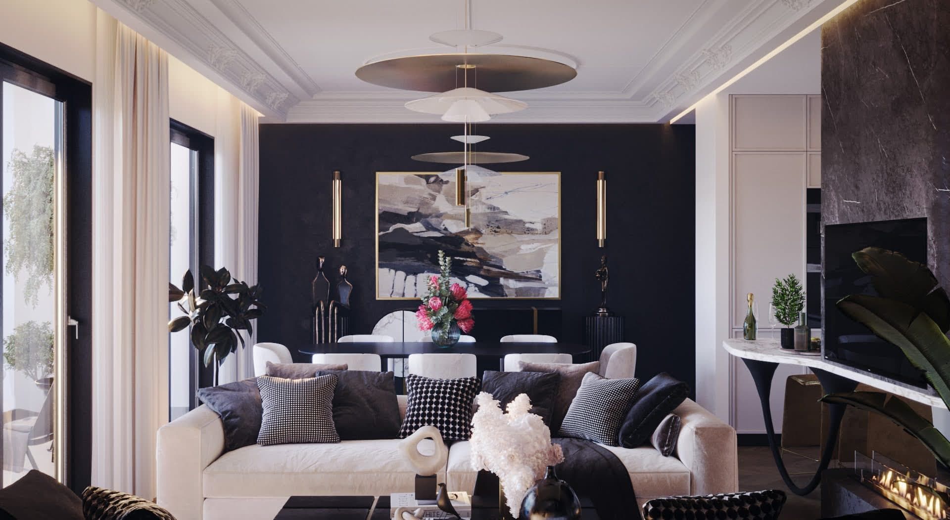Salon design dans le ЖК Люта, Monténégro : canapé clair, mur d’accent sombre, cheminée et coin repas.