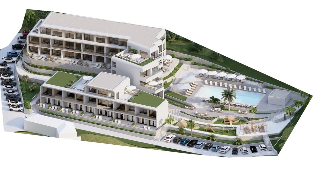 3D-Visualisierung eines Wohnkomplexes in Tivat, Montenegro: moderne Gebäude, Pool, Terrassen und Parkplätze.
