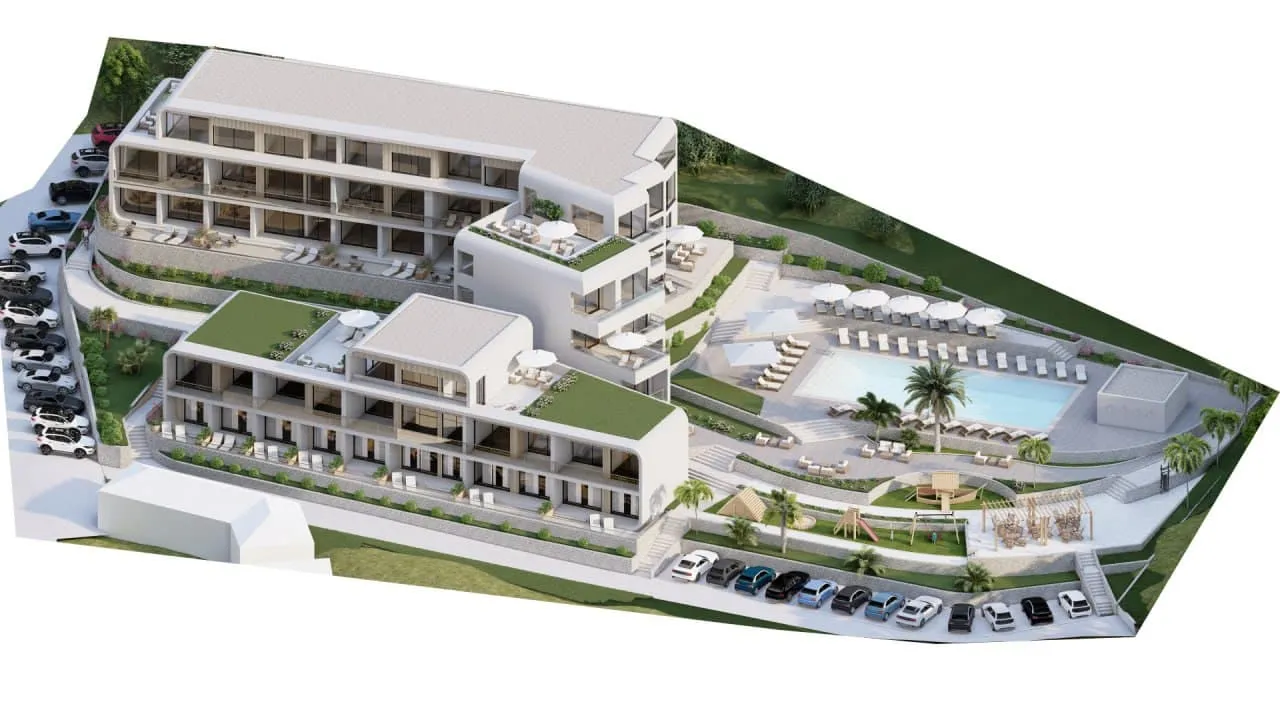 3D-Visualisierung eines Wohnkomplexes in Tivat, Montenegro: moderne Gebäude, Pool, Terrassen und Parkplätze.