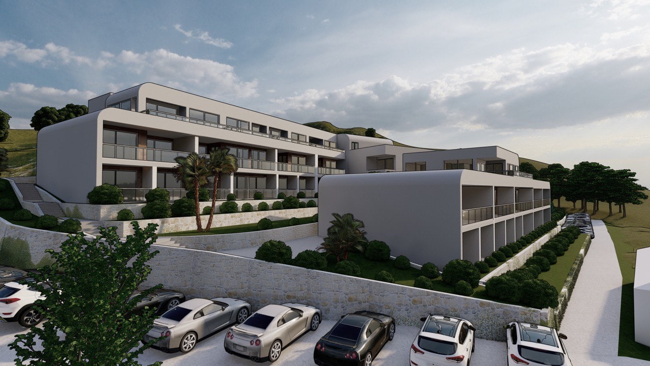 Moderner Wohnkomplex in Tivat, Montenegro: 3D-Visualisierung der Gebäude mit Terrassen, Landschaftsgestaltung und Parkplatz.