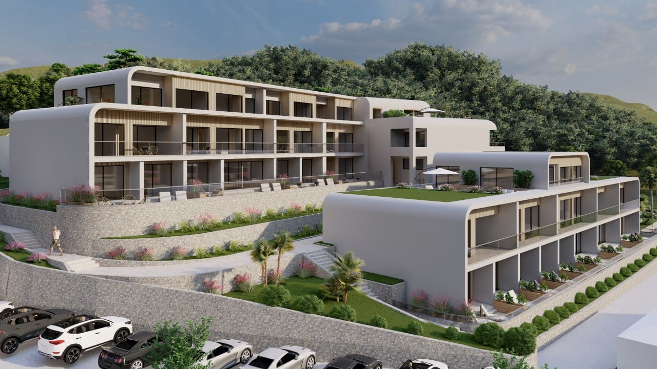 Moderner Wohnkomplex in Tivat, Montenegro: kaskadierte Architektur, Terrassen mit Aussicht und Parkplätze am Gebäude.