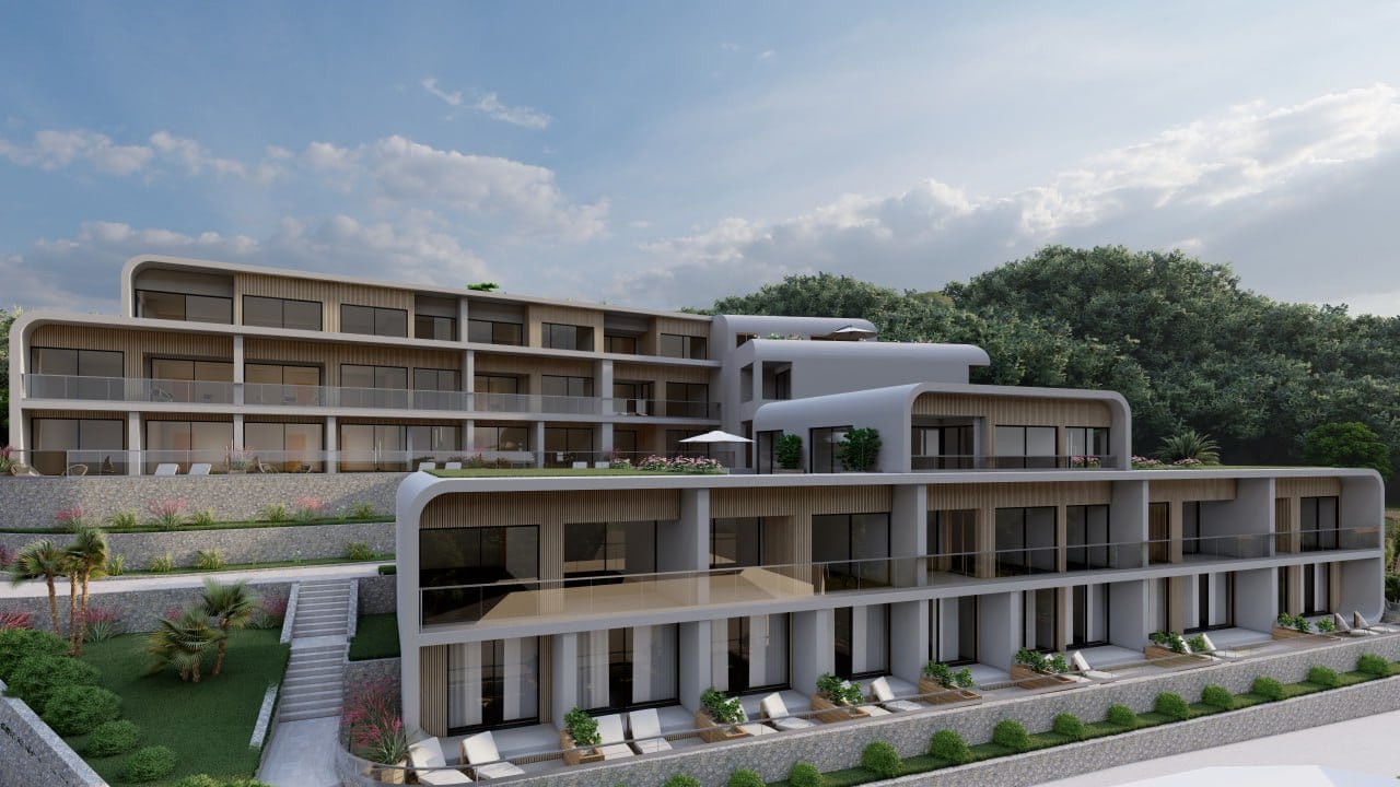 Moderner Wohnkomplex in Tivat, Montenegro: Kaskadenarchitektur, Terrassen mit Liegen und Panoramaverglasung.