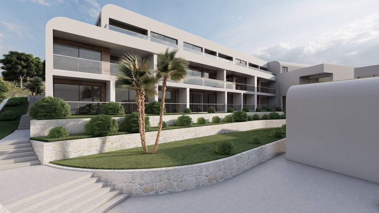 Moderner Wohnkomplex mit Terrassen und Landschaftsgestaltung in Tivat, Montenegro: Blick auf die Gebäudefassade.
