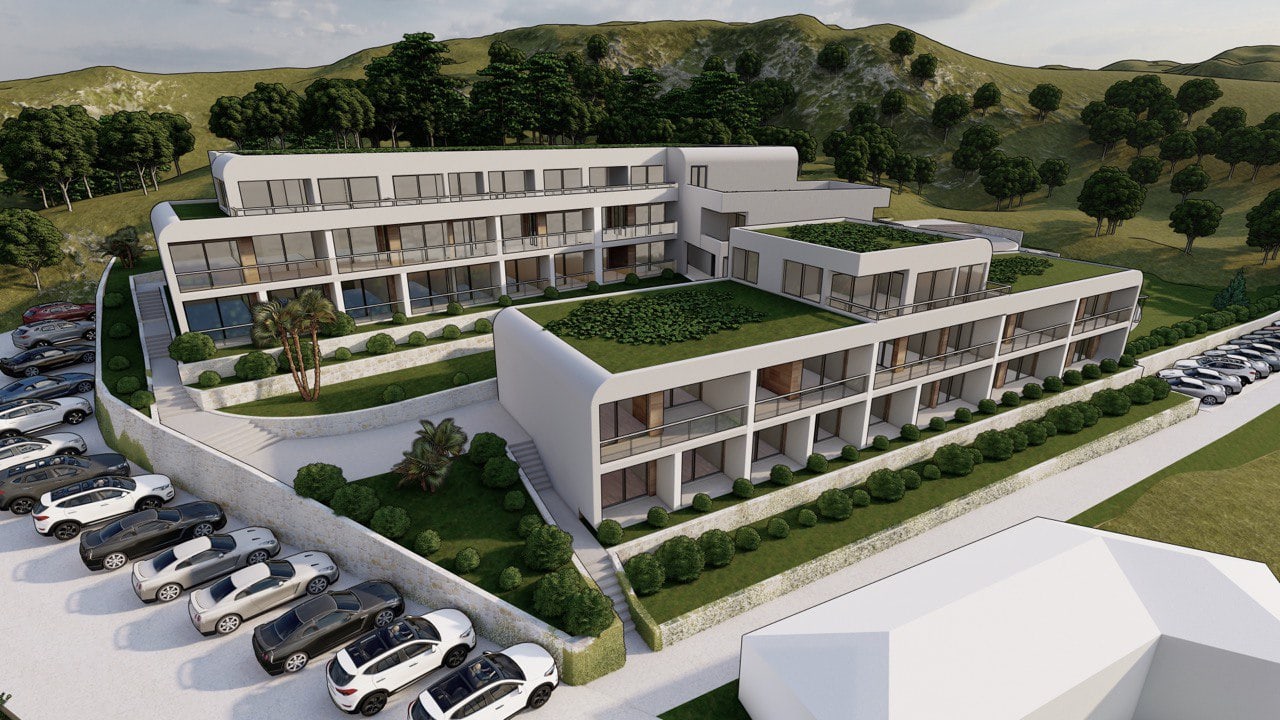 Visualisierung eines modernen Wohnkomplexes in Tivat, Montenegro: Apartments mit Terrassen und begrüntem Dach.