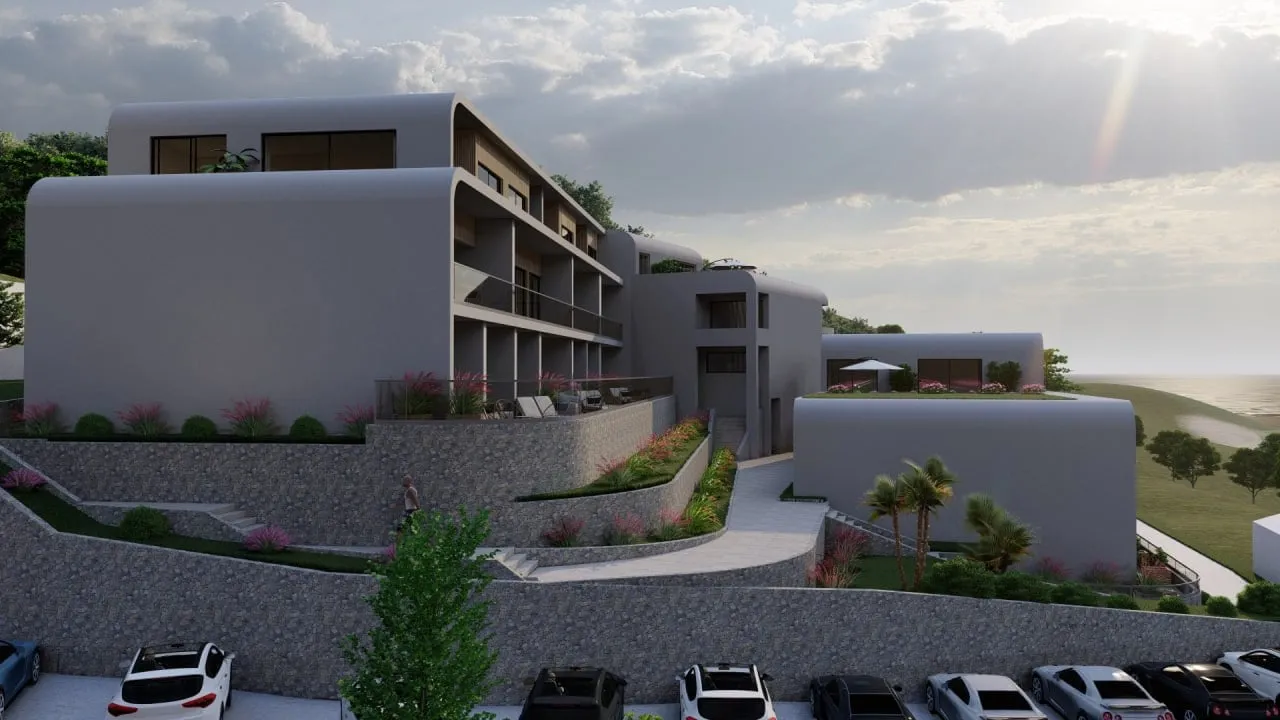 Moderner Wohnkomplex in Tivat, Montenegro: kaskadenartige Architektur, Terrassen mit Meerblick und Parkplatz.
