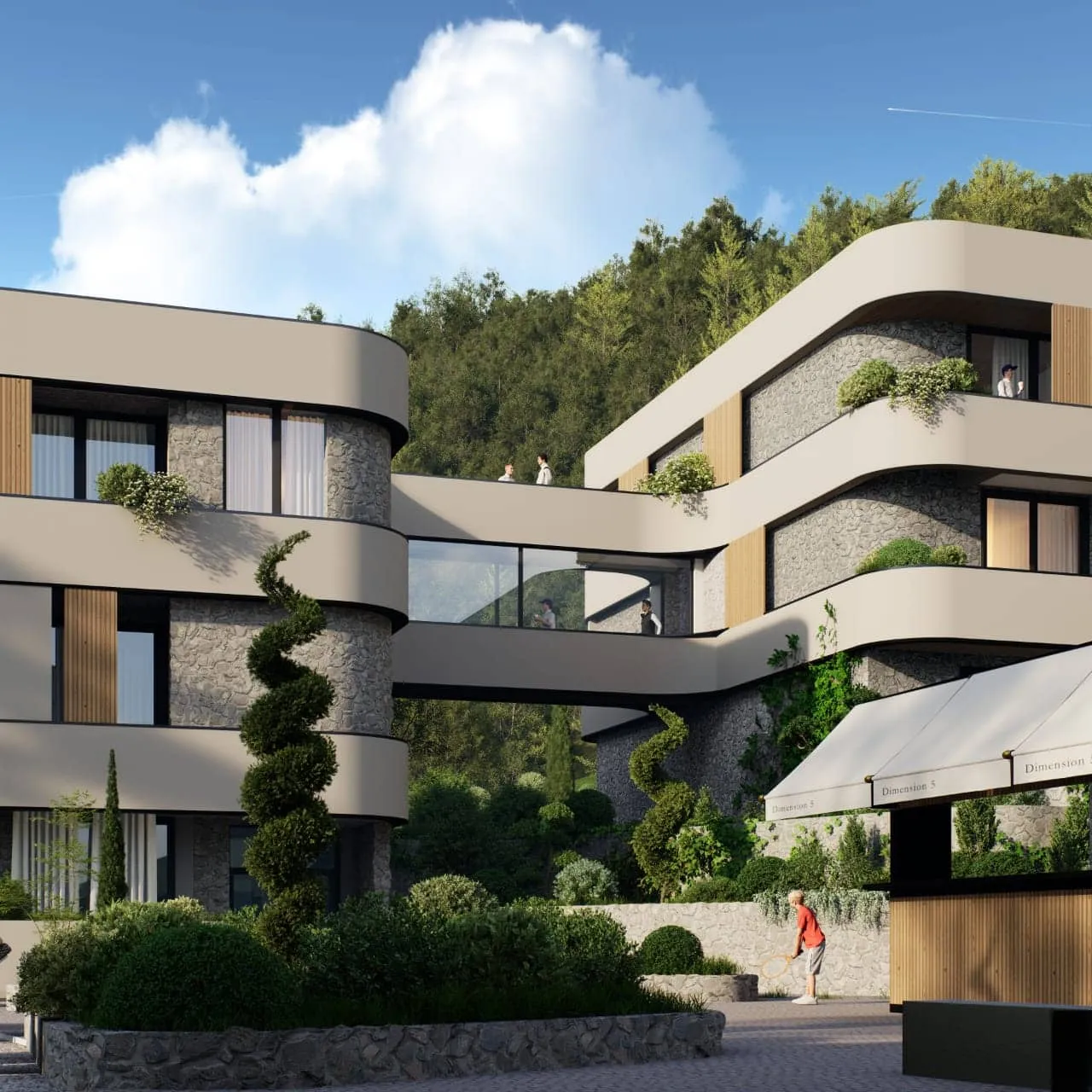 Modernes Wohngebäude mit Glasverbindung, Mauerwerk, Balkonen und viel Grün