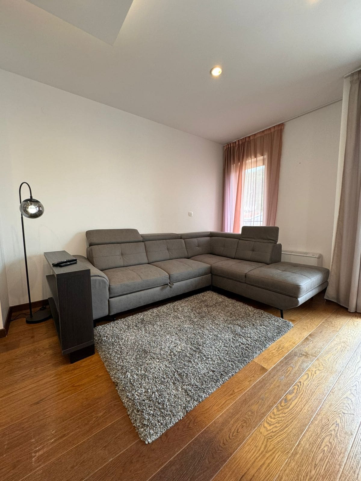 Wohnzimmer mit grauem Ecksofa, Teppich und Parkett in einer modernen Wohnung in Budva, Montenegro.