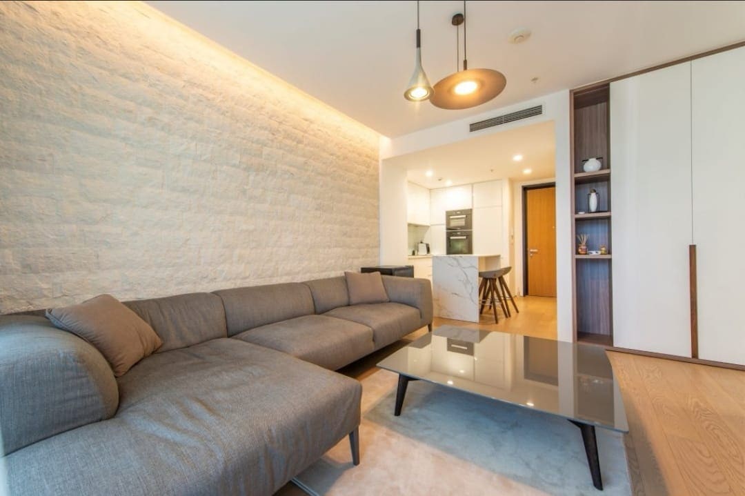 Modern living room with a stone wall and a gray sofa in an apartment in Budva, Montenegro. Open kitchen with an island.