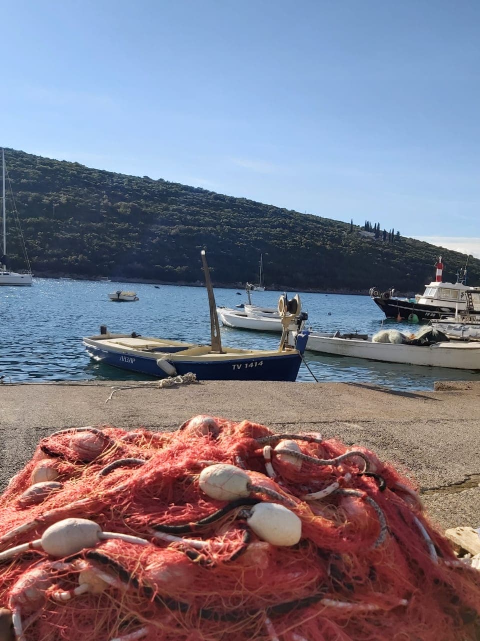 Blick auf das Meer und Fischerboote in der Bucht von Bigovo, Montenegro, in der Nähe der Villa Nr. 2354, im Vordergrund Fischernetze.