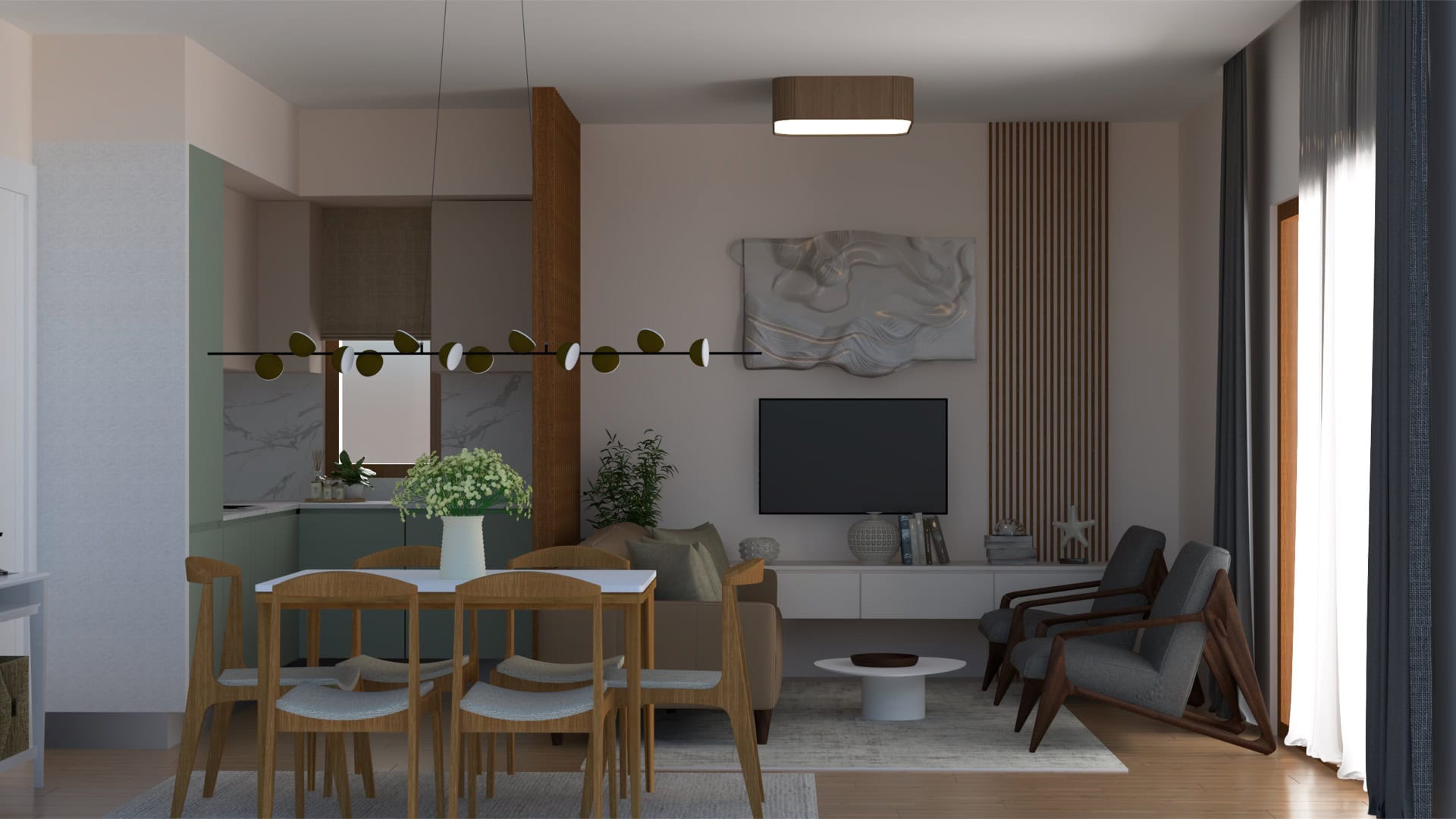Nowoczesny salon z jadalnią w mieszkaniu, Tivat, Czarnogóra: stylowe meble, dekor i panoramiczne okna.