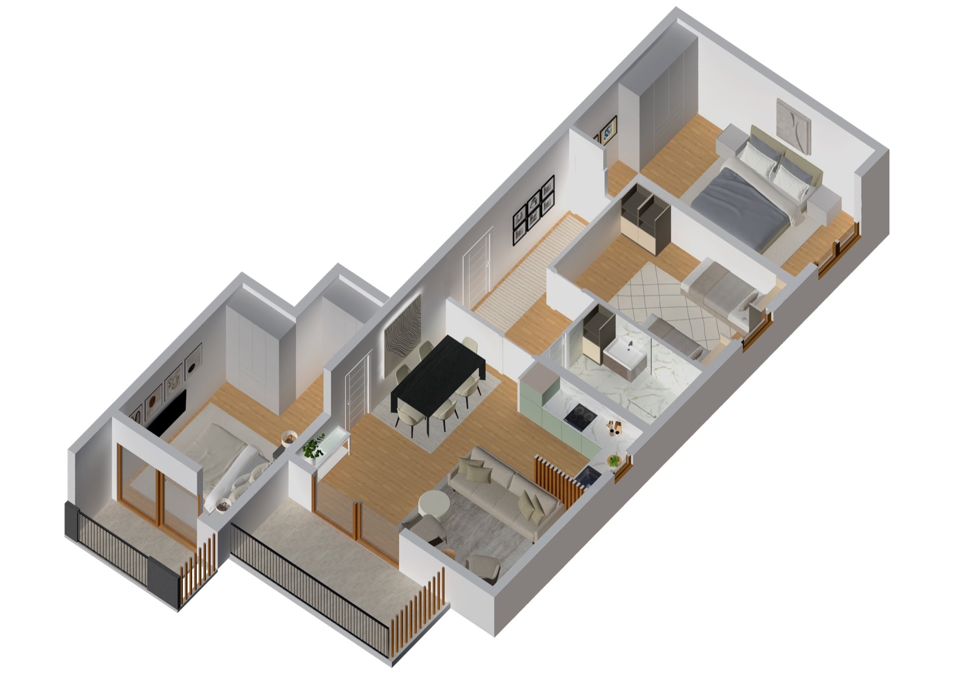 3D-plan mieszkania w Tivacie, Czarnogóra: dwie sypialnie, salon z kuchnią, jadalnia i taras z meblami.