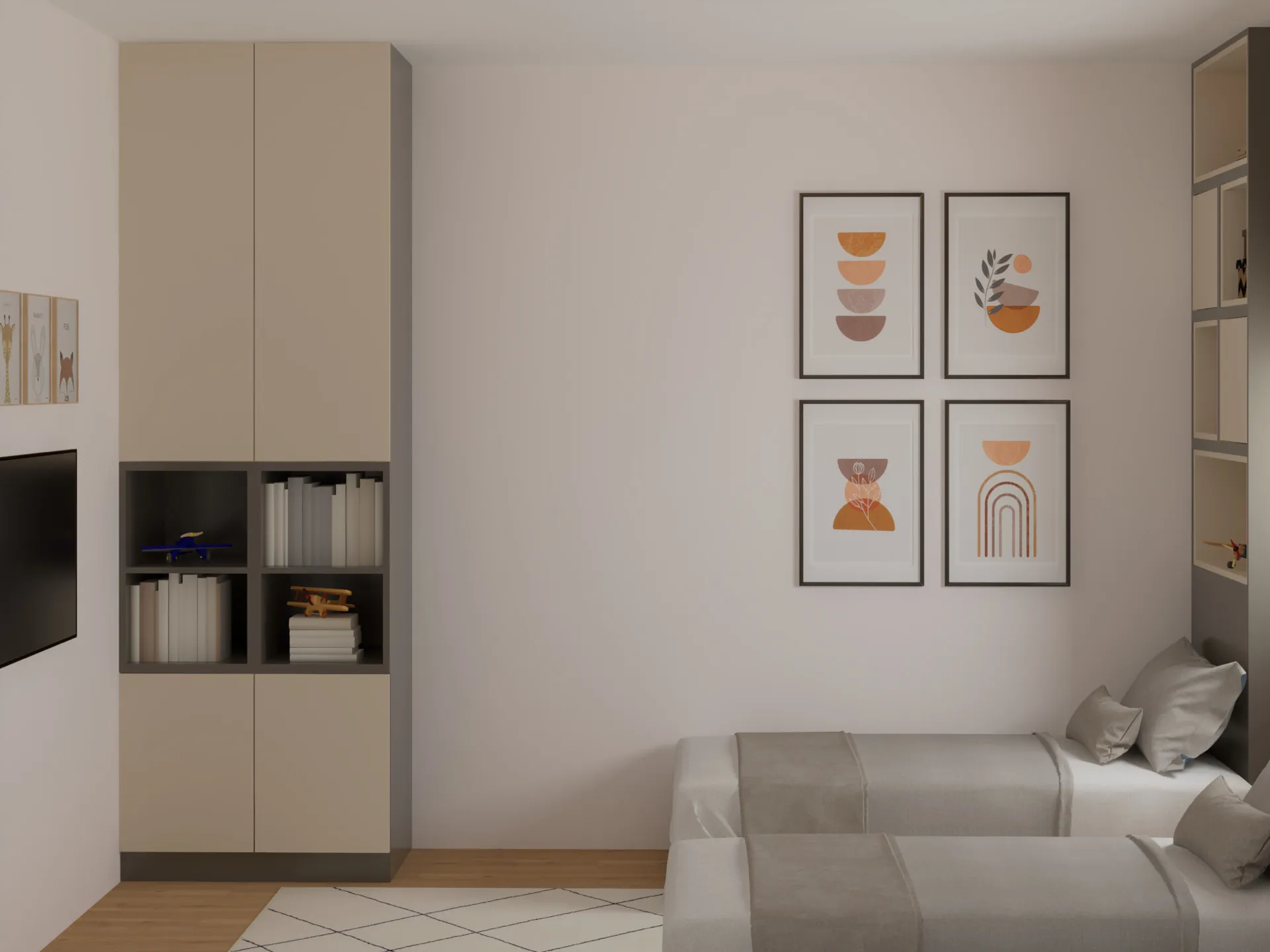 Modern children's bedroom with two beds, built-in wardrobe, shelves holding books and toy airplanes.