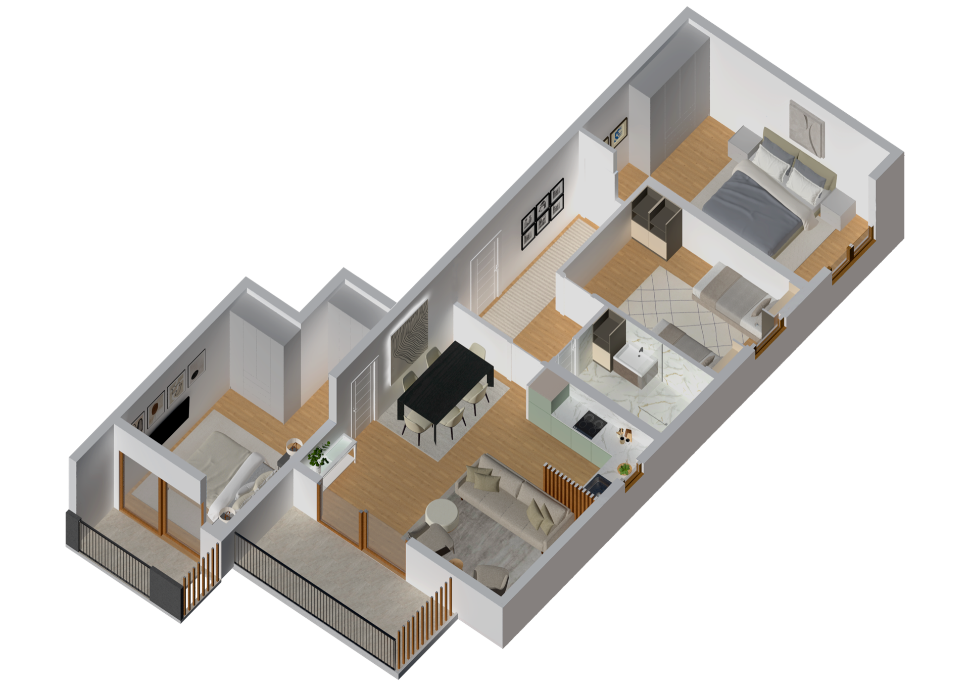 3D-plan mieszkania w Tivacie, Czarnogóra: dwie sypialnie, salon z kuchnią, jadalnia i przestronny taras.