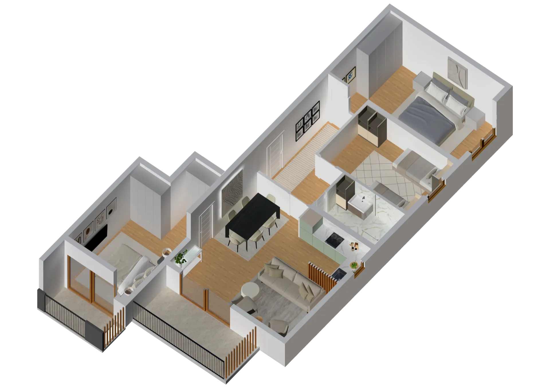 3D floor plan of an apartment with two bedrooms, living room, kitchen, bathroom and balcony. Modern interior.