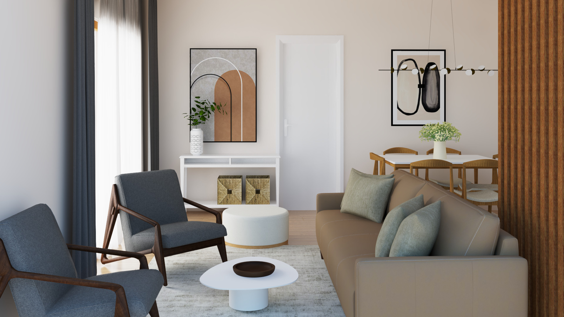 Nowoczesny salon w mieszkaniu w Tivacie, Czarnogóra: beżowa sofa, szare fotele, jadalnia i stylowy wystrój.