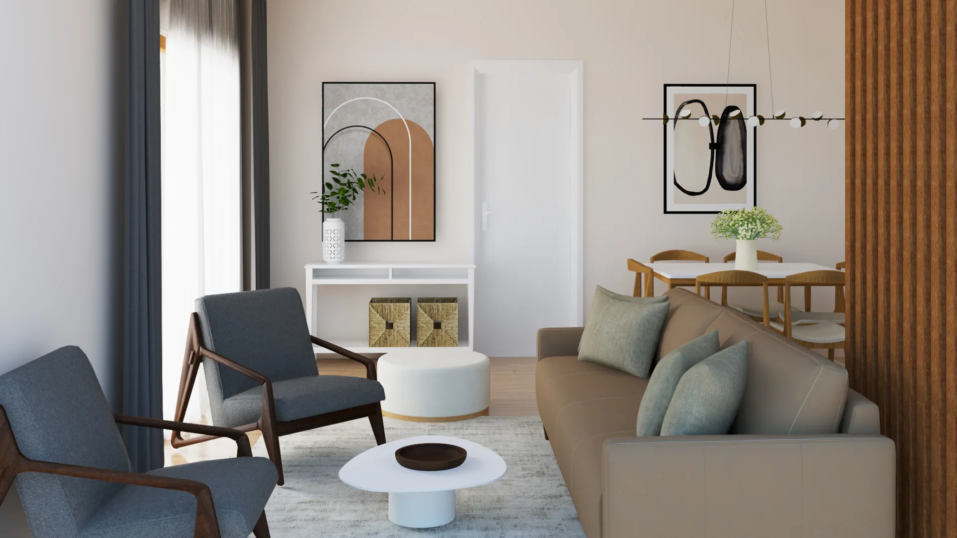 Modern living room featuring a beige sofa, grey armchairs, white coffee table, and abstract artwork on neutral walls.