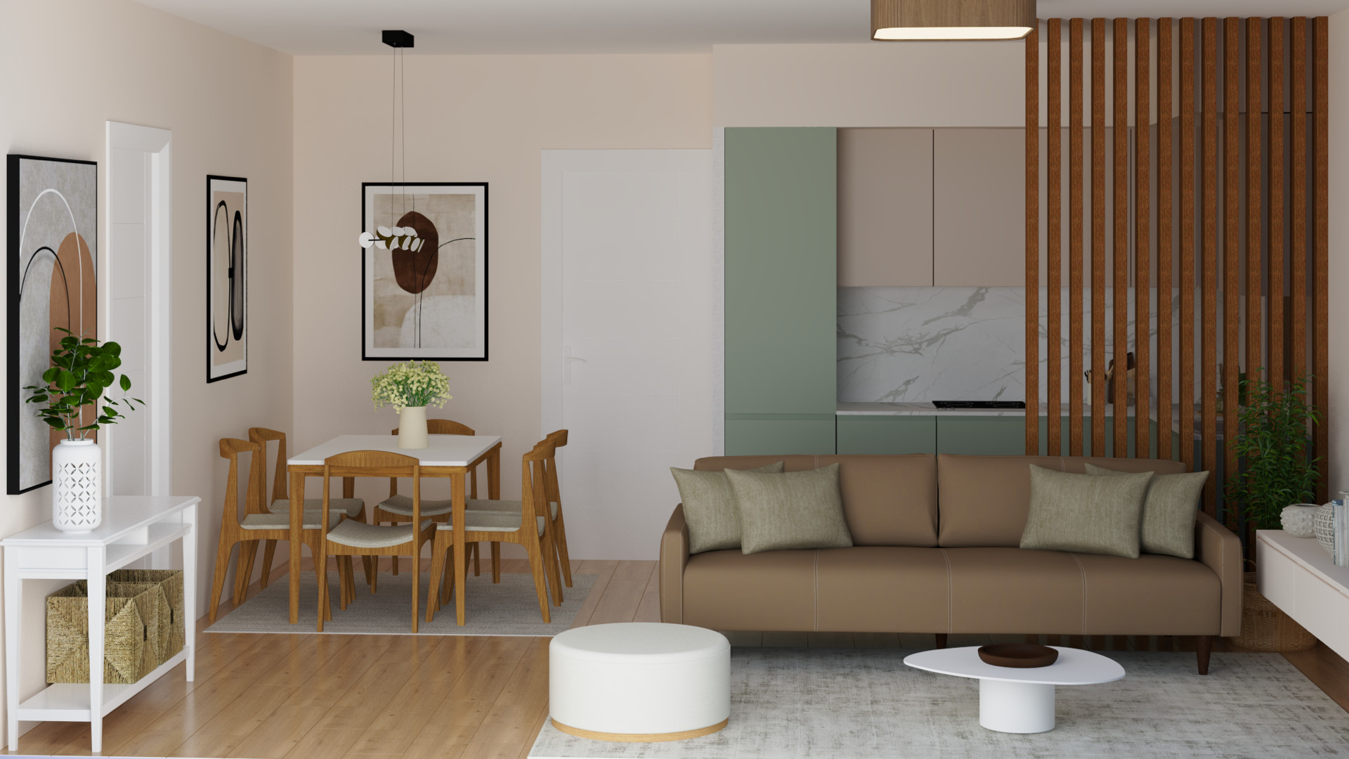 Nowoczesny salon z kuchnią w mieszkaniu w Tivacie, Czarnogóra: beżowa sofa, jadalnia i drewniane listwy.