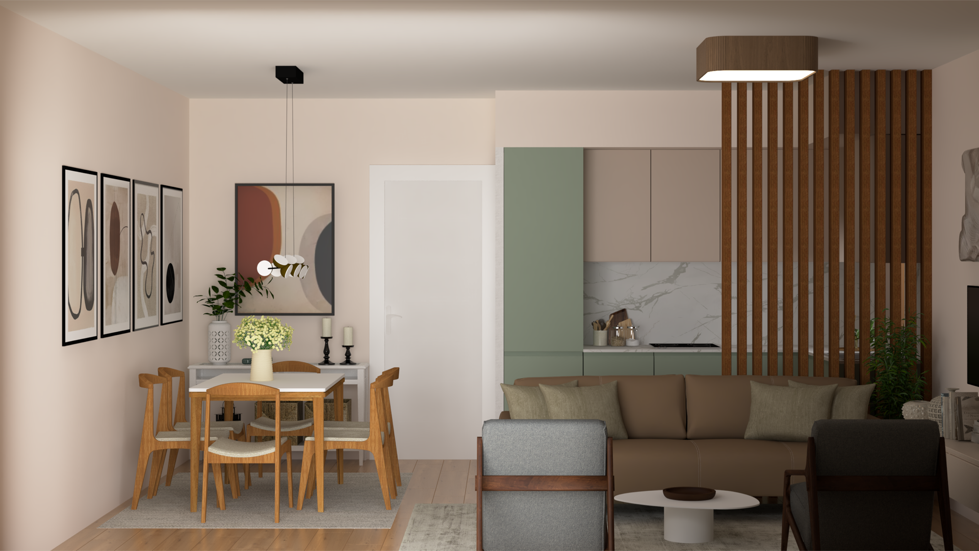 Nowoczesny salon z kuchnią w mieszkaniu w Tivacie, Czarnogóra: jadalnia, miękka sofa i stylowe ścianki działowe.