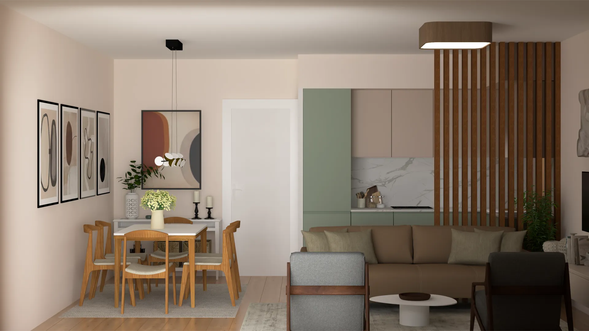 Modern living room with a wooden dining table, brown sofa, and open kitchen area featuring pastel tones and wood slat dividers.