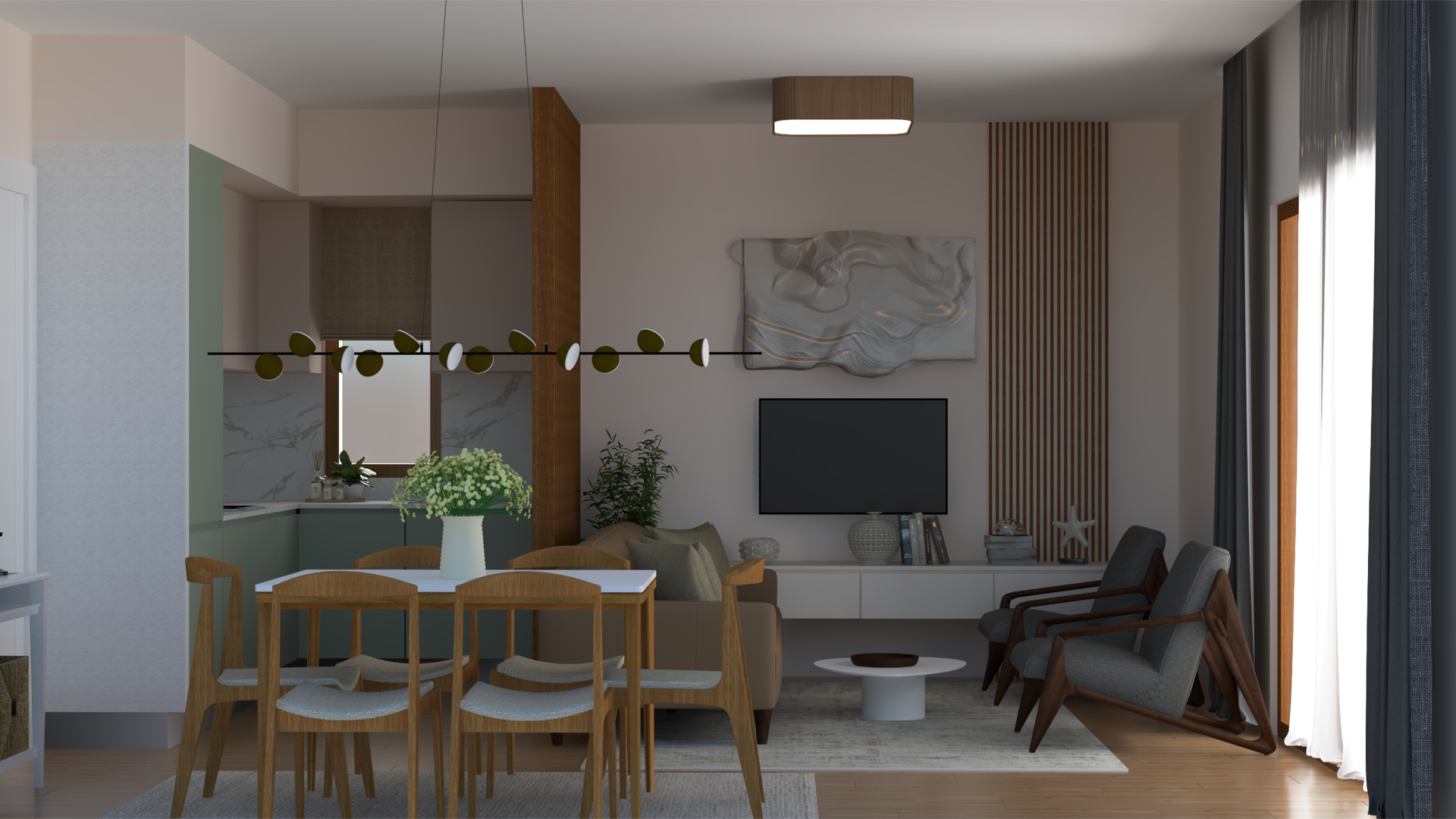 Nowoczesny salon z jadalnią w mieszkaniu w Tivacie, Czarnogóra: stylowe meble, dekoracje i panoramiczne okna.