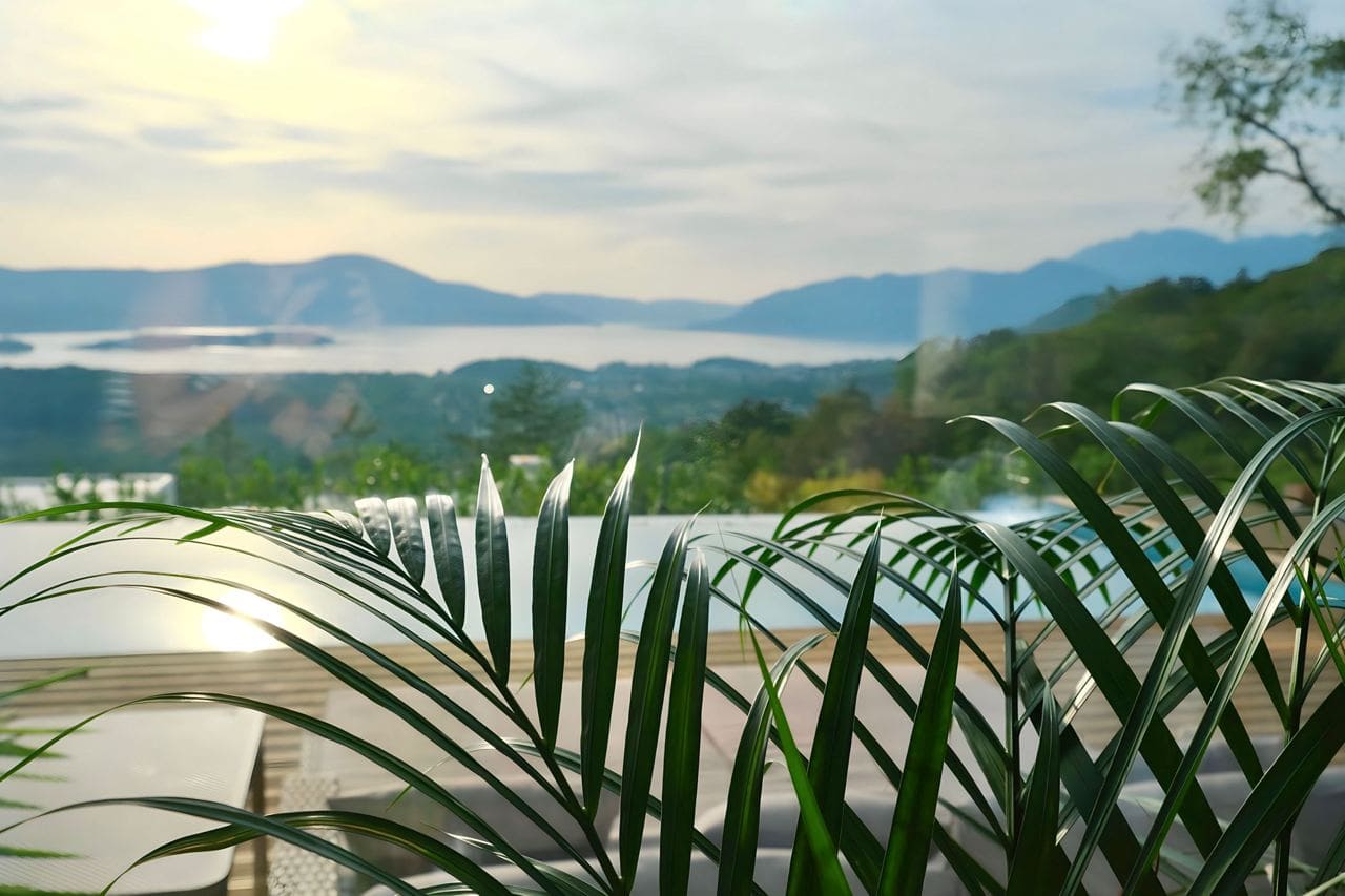 Panoramablick auf Meer und Berge vom Pool der Wohnanlage in Kavac, Montenegro, vor dem Hintergrund grüner Palmen.