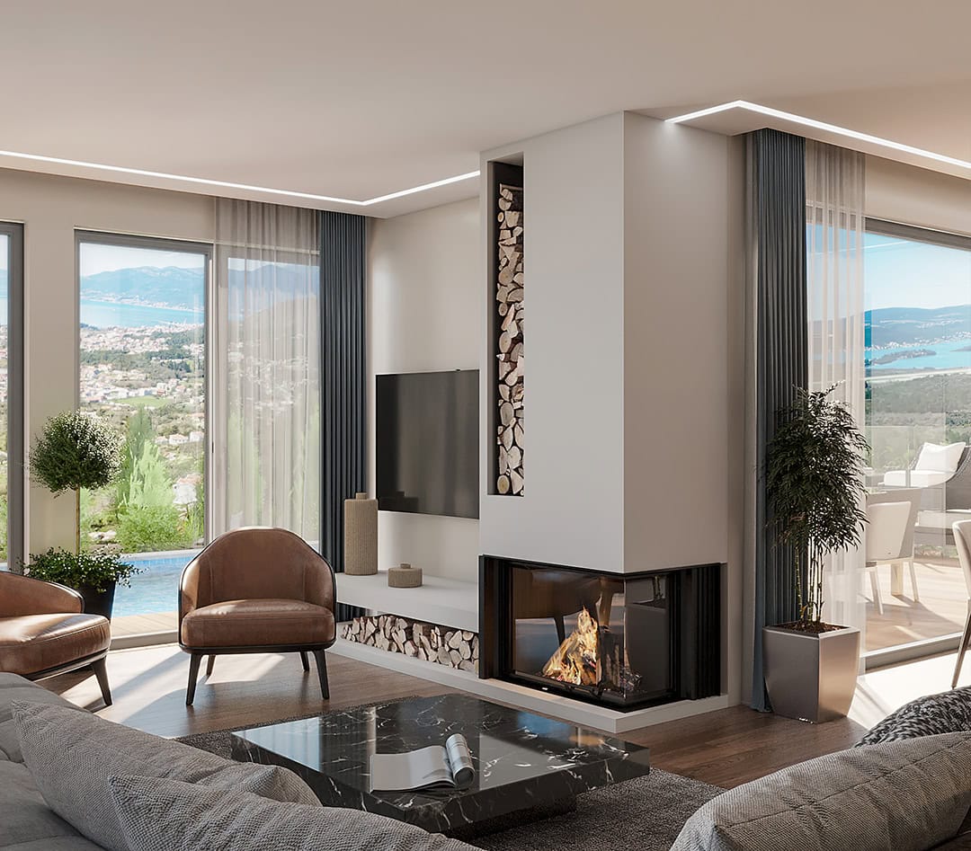 Modernes Wohnzimmer mit Kamin und Panoramablick auf das Meer in der Wohnanlage Kavac, Montenegro.