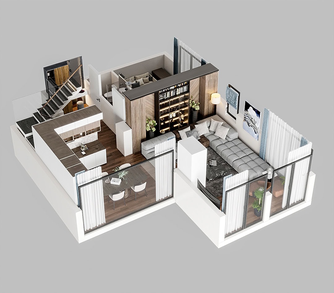 3D-Grundriss einer zweigeschossigen Wohnung im ЖК Kavač, Montenegro: Wohnzimmer mit modernen Möbeln und Panoramafenstern.
