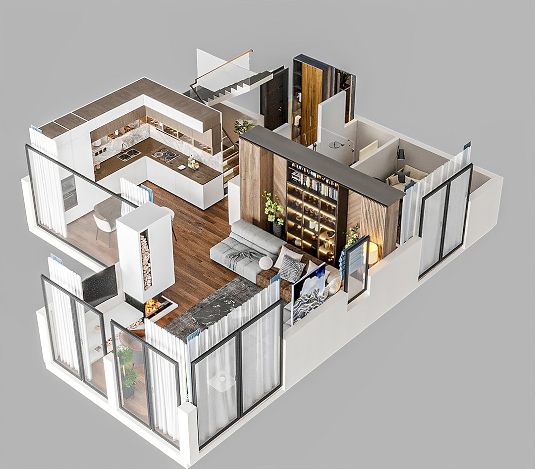 3D-Grundriss einer modernen Wohnung in der Wohnanlage Kavac, Montenegro: Wohnzimmer mit Kamin, Küche und Panoramafenstern.