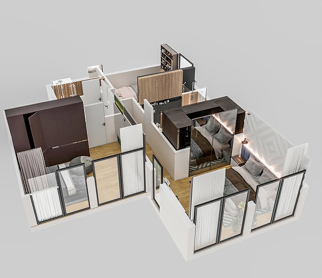 3D-Grundriss des Schlafzimmers in der Wohnanlage Kavac, Montenegro: moderne Möbel, Panoramaverglasung und stilvolle Innenausstattung.