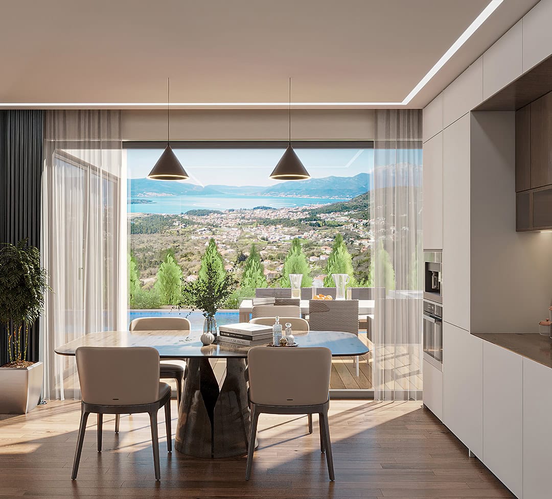 Moderne Wohnküche im ЖК Kavač, Montenegro, mit Panoramablick auf das Meer, Terrasse und stilvollen Möbeln.
