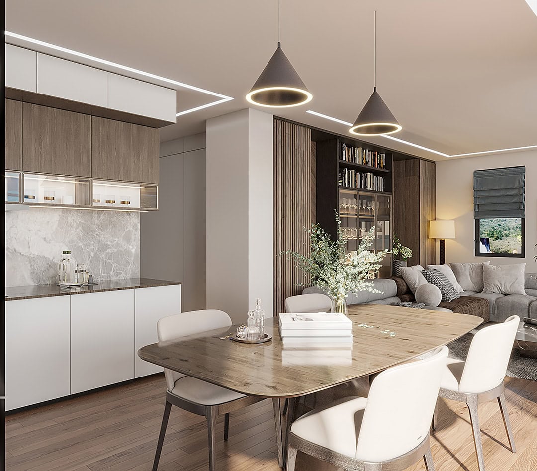 Modernes Wohnzimmer mit Essbereich im ЖК Kavač Nr. 2328, Montenegro: stilvolles Interieur, Holzmöbel und Dekor.