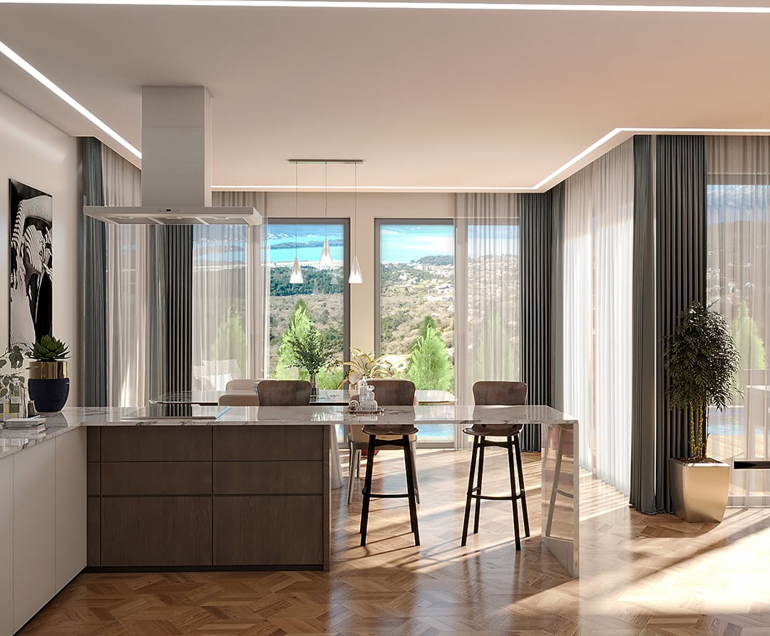 Moderne Küche mit Insel im ЖК Kavač, Montenegro: Panoramafenster mit Meerblick, stilvolles Interieur und Parkett.
