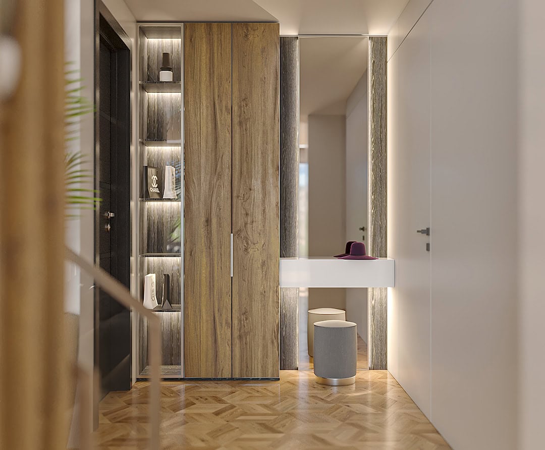 Moderne Diele mit Holzschrank und Beleuchtung in der Wohnanlage Kavac, Montenegro: stilvolles Interieur mit Spiegel und Pouf.