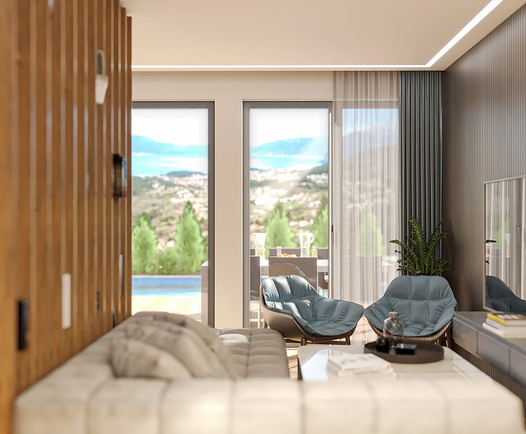 Modernes Wohnzimmer im ЖК Kavač, Montenegro: Designer-Holzverkleidung, bequeme Sessel und Blick auf den Pool und die Berge.