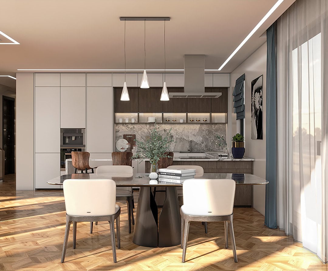 Moderne Wohnküche im ЖК Кавач Nr. 2328, Montenegro: Marmor-Spritzschutz, Designermöbel und Parkettboden.