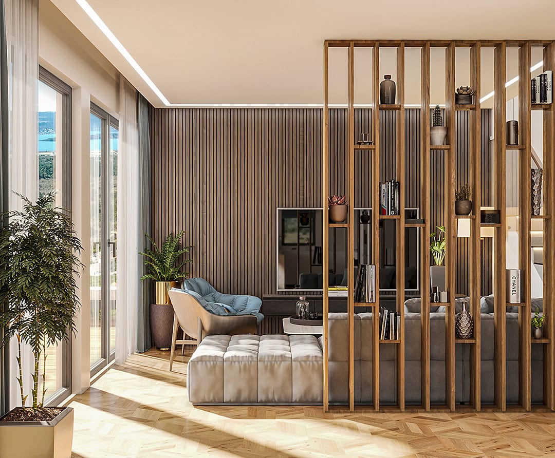 Modernes Wohnzimmer im ЖК Кавач, Montenegro: Holztrennwand, Lamellenwände und Panoramablick auf das Meer.