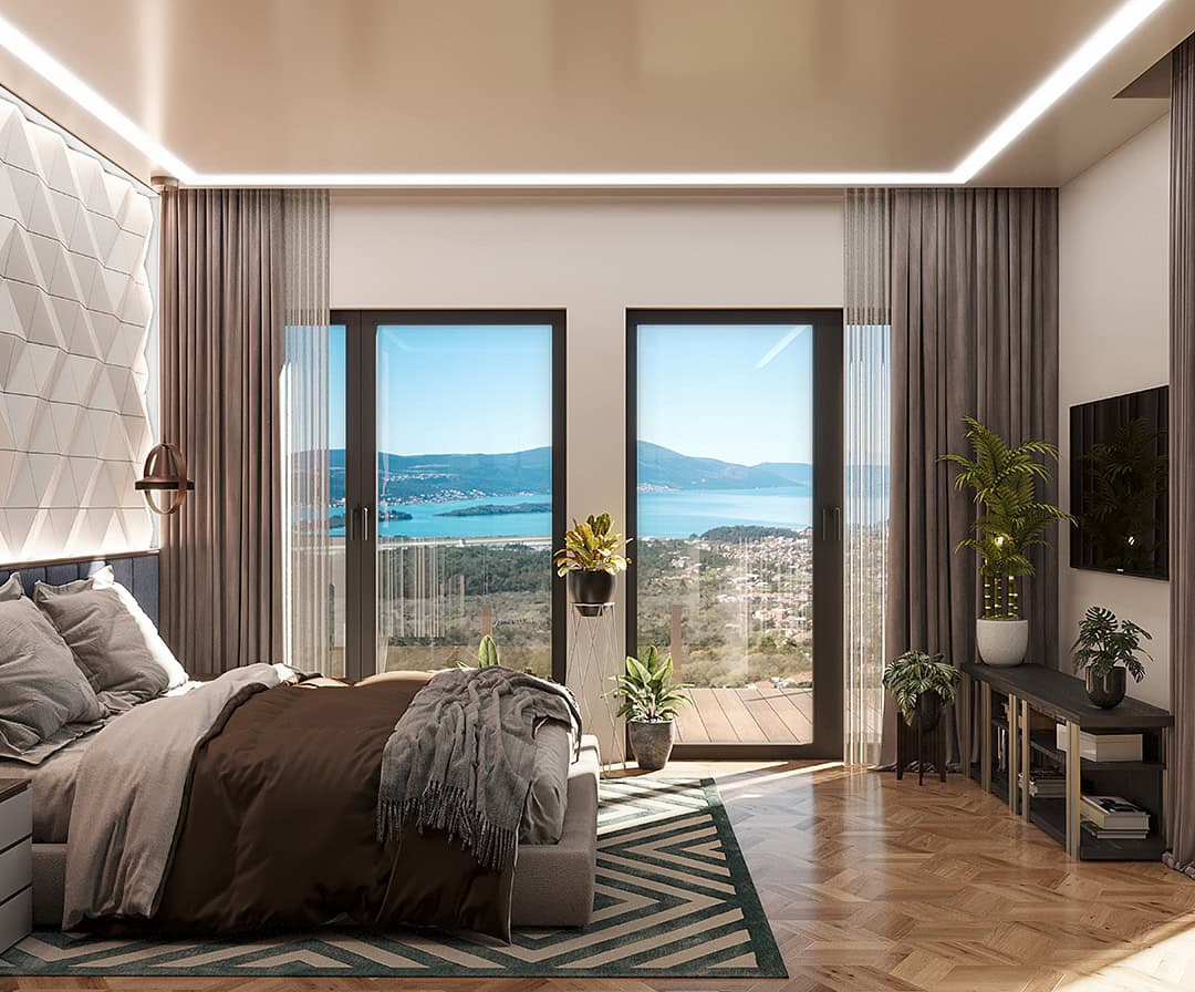 Modernes Schlafzimmer mit Panoramablick auf das Meer und die Berge in der Wohnanlage Kavac, Montenegro: stilvolles Interieur, Parkett und Dekor.