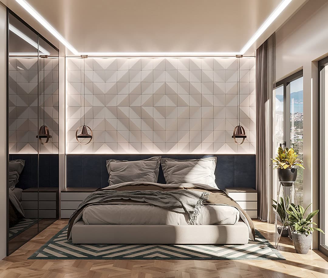 Modernes Schlafzimmer mit Designer-Ausstattung und Meerblick in der Wohnanlage Kavac, Montenegro: Doppelbett, Spiegelschrank.