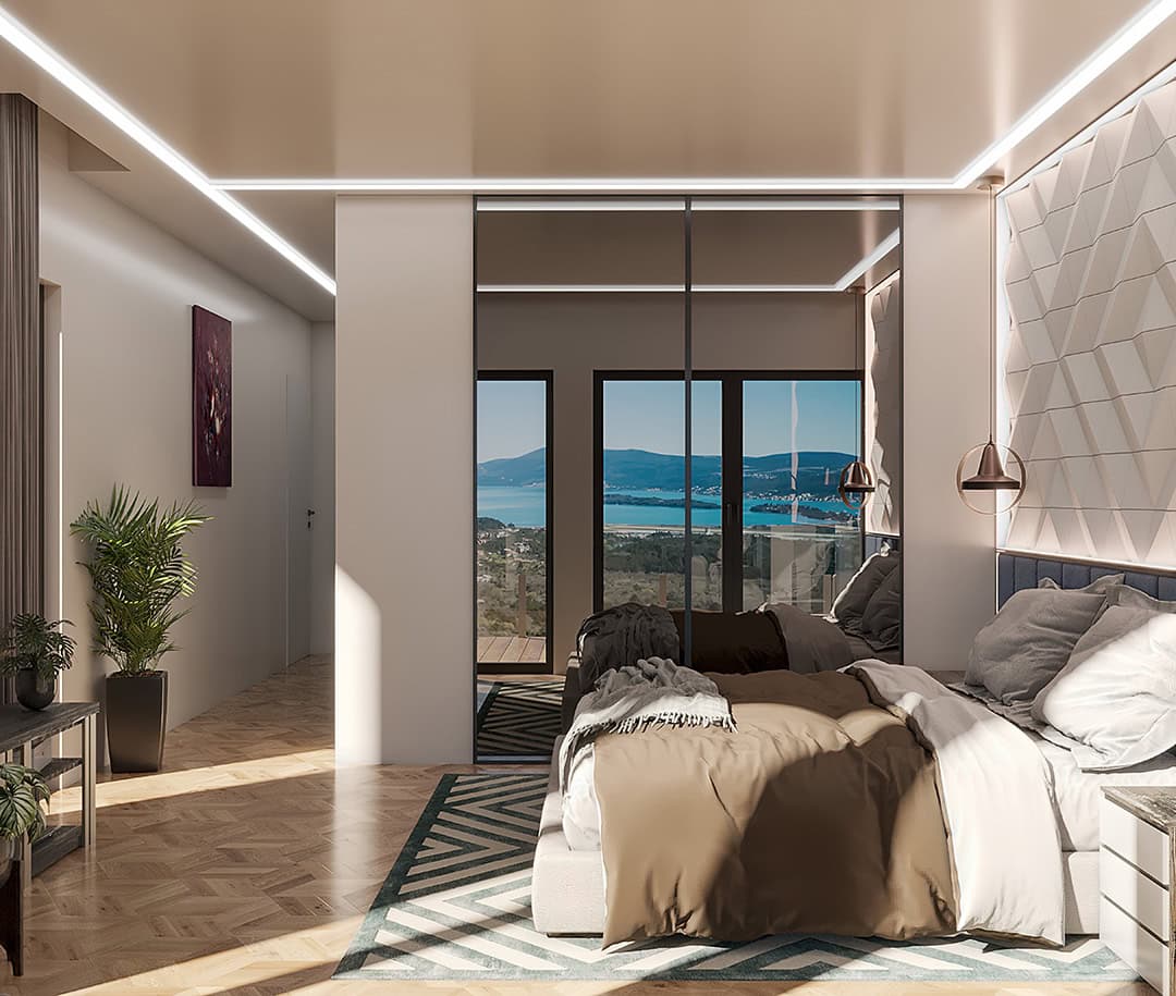 Modernes Schlafzimmer mit Panoramablick auf das Meer im ЖК Kavač, Montenegro: stilvolles Interieur, Spiegel und 3D-Paneele.