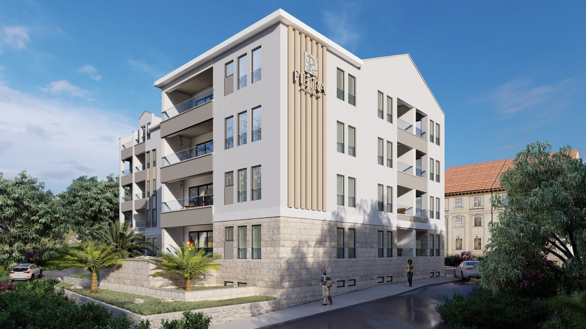 Moderner Wohnkomplex Petra Residence in Budva, Montenegro: Gebäudefassade mit Balkonen und Steinverkleidung.