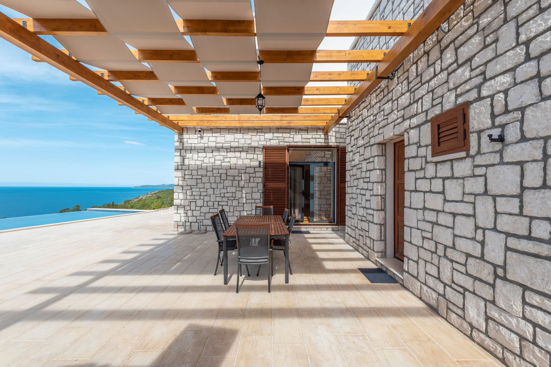 Terrasse d’une maison en pierre à Reževići, Monténégro : coin repas sous auvent, vue sur la mer et piscine panoramique.