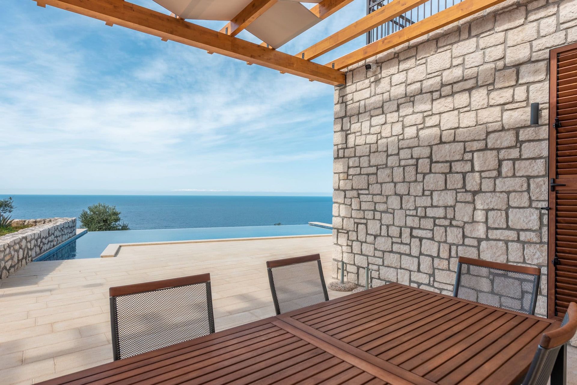 Terrasse avec piscine à débordement et vue sur la mer dans une maison, Reževići, Monténégro : finition en pierre et mobilier en bois.