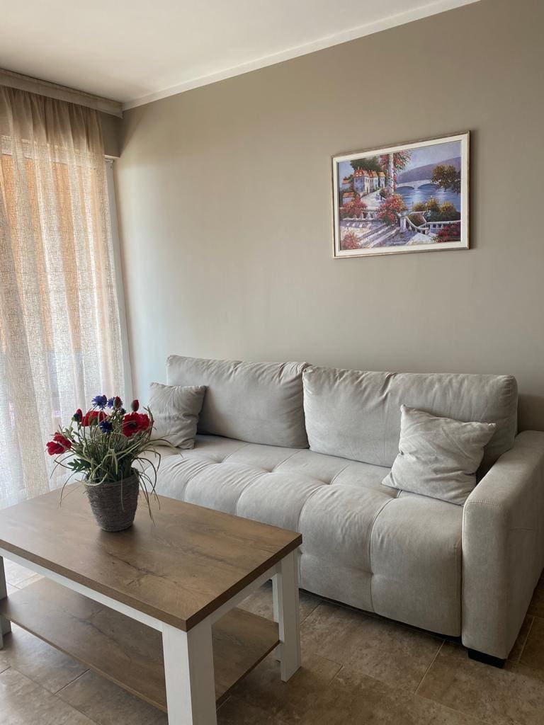 Helles Wohnzimmer in einer Wohnung in Bečići, Montenegro: beiges Sofa, Holzhocker als Couchtisch und Wanddekoration.