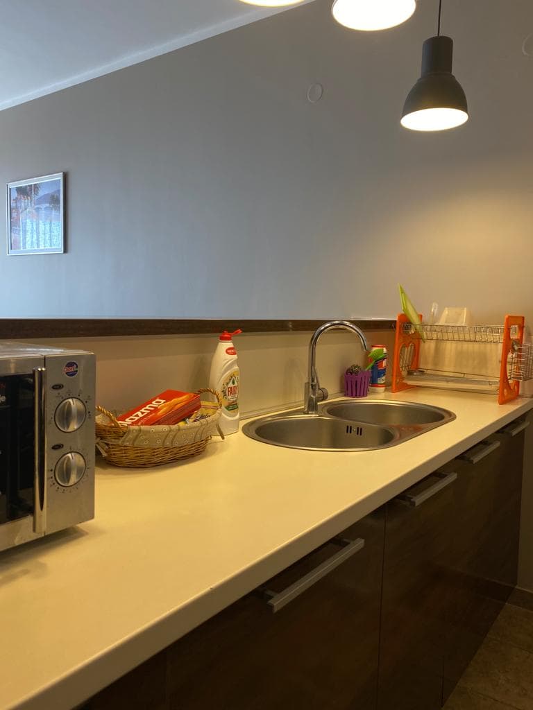 Moderne Küche in einer Wohnung in Bečići, Montenegro: helle Arbeitsplatte, Spüle, Mikrowelle und stilvolle Beleuchtung.