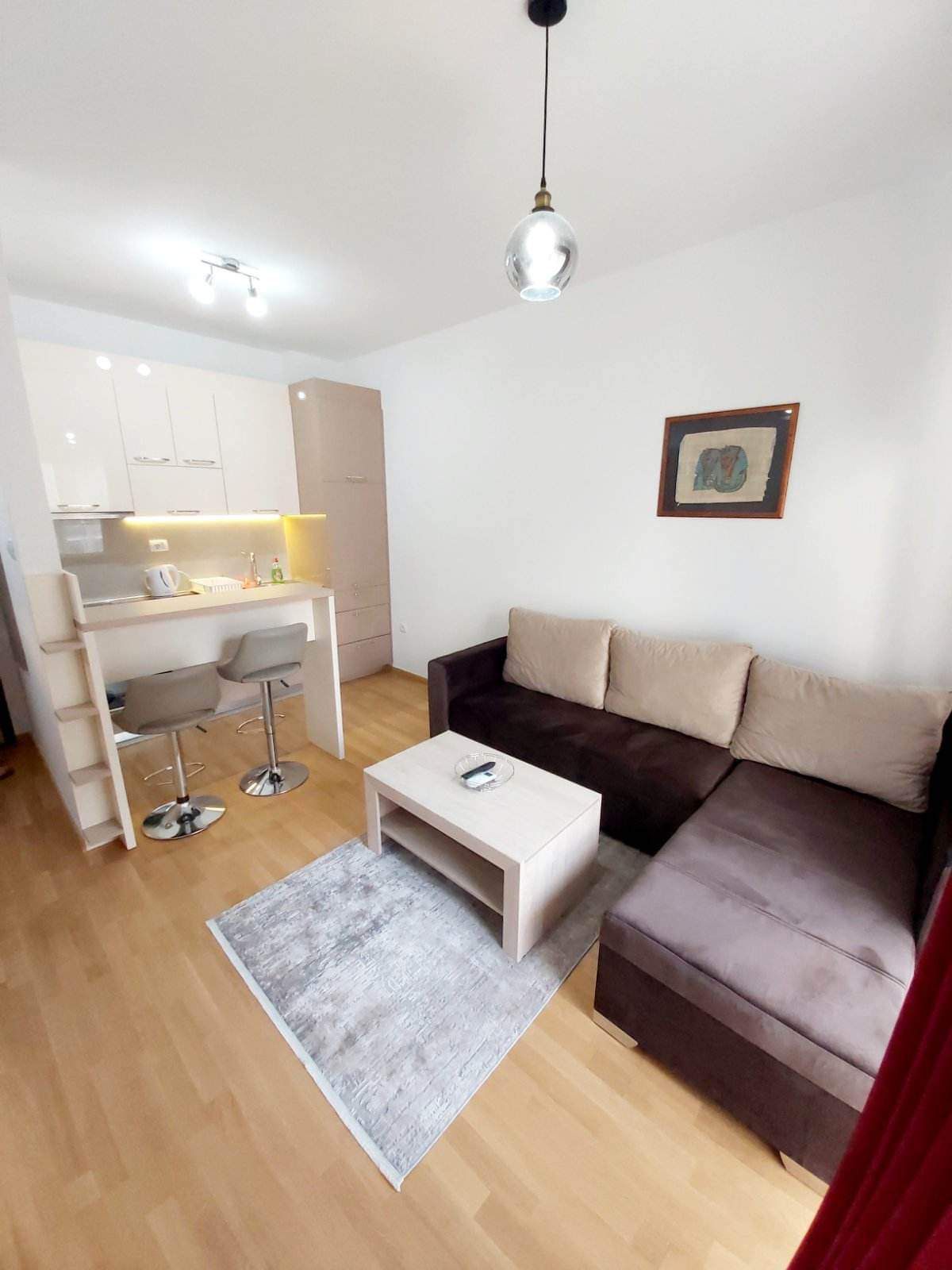 Wohnzimmer mit Küche und Bartheke in einer modernen Wohnung in Budva, Montenegro: Ecksofa, helles Interieur.