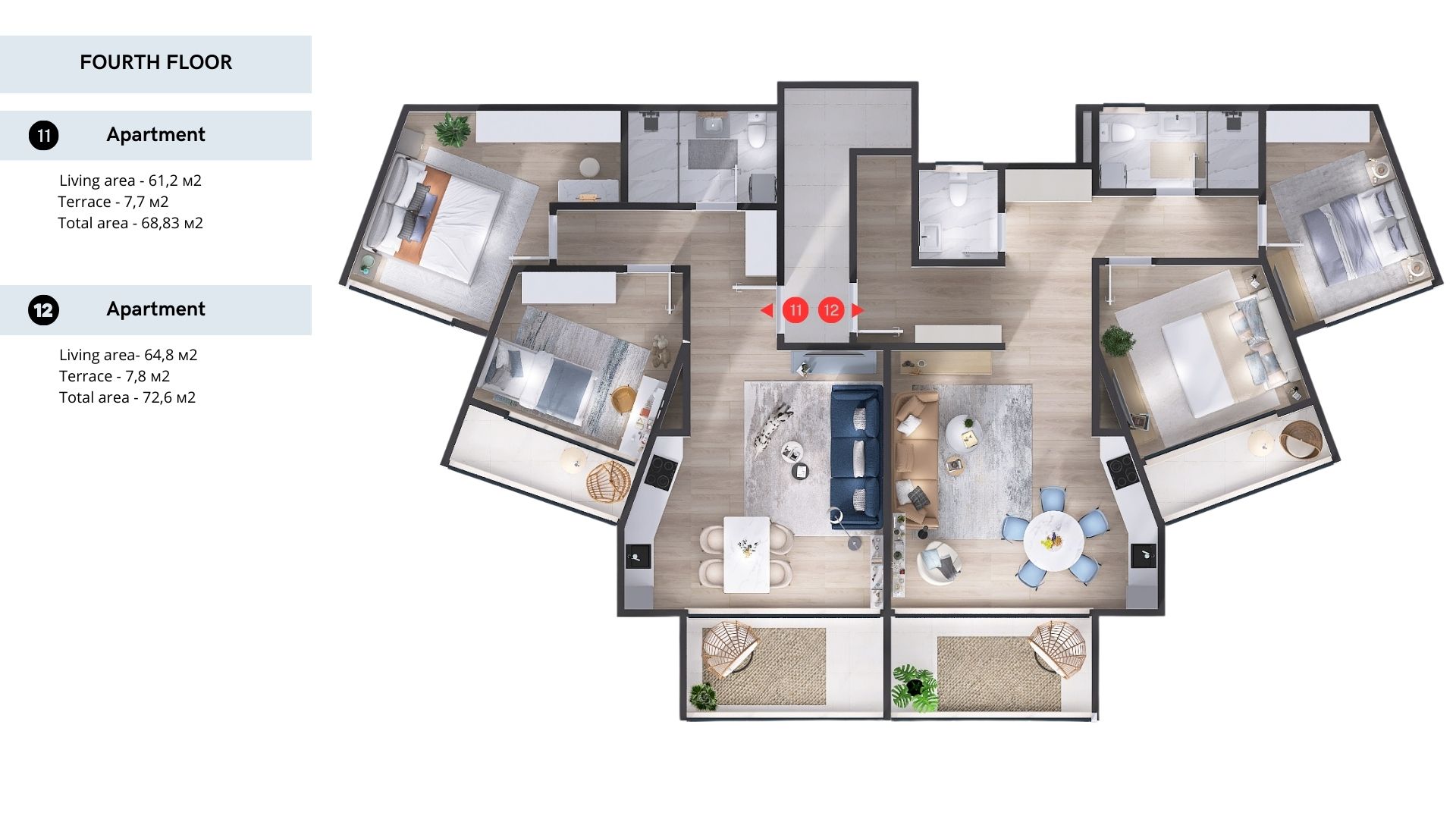 Plan des appartements 11 et 12 au quatrième étage d’un complexe résidentiel à Tivat, Monténégro : design intérieur et terrasses.