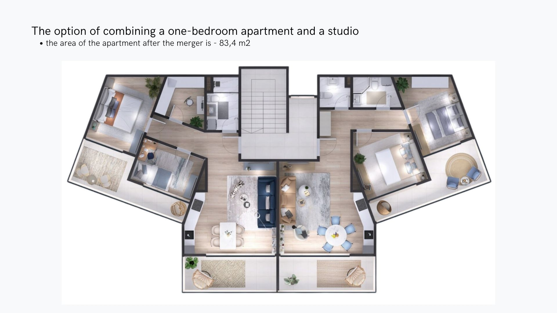 Plan de l’appartement combiné de 83,4 m² dans un complexe résidentiel à Tivat, Monténégro : deux chambres, un salon et des terrasses.